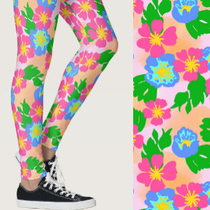 Rosa blaue und orange tropische Blumen gemustert Leggings