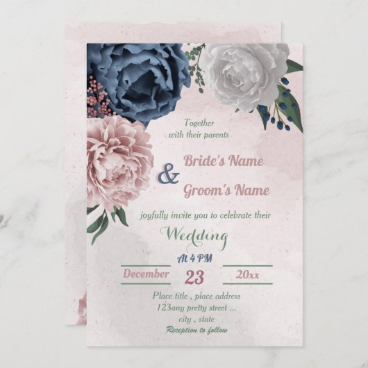 Rosa blaue und weiße Blumengrün Hochzeit Einladung (Vorne/Hinten)