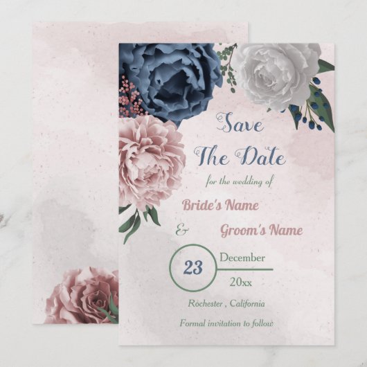 Rosa blaue und weiße Blumengrün Save The Date (Vorne/Hinten)