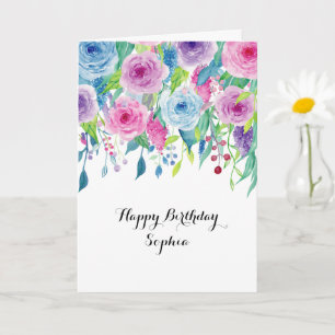 Rosa blaue Wasserfarbe Floral Geburtstag Karte