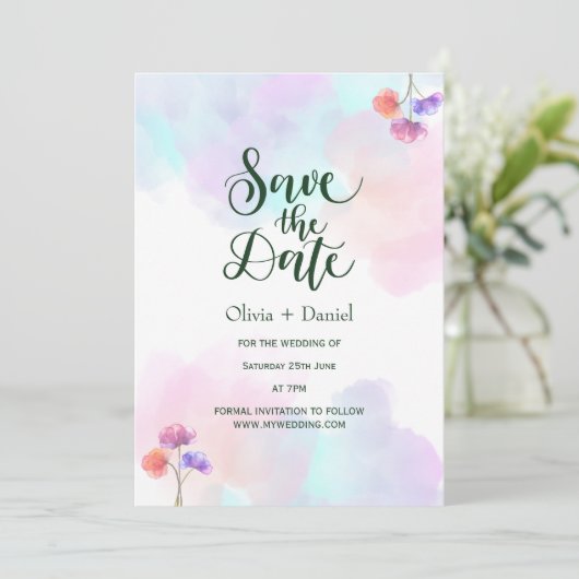 Rosa blaue Wasserfarbe Hochzeit Sichern Sie das Da Einladung (Stehend Vorderseite)