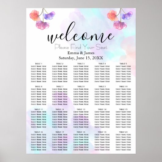 Rosa blaue Wasserfarbe Hochzeitstabelle Poster (Vorne)