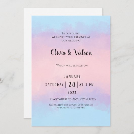 Rosa blaue Wasserfarbe Minimal Hochzeit Einladung (Vorne/Hinten)