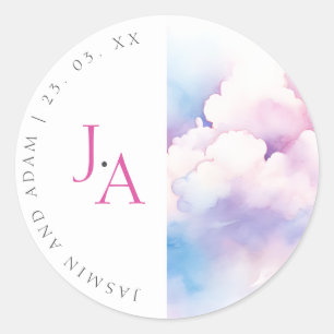 Rosa blaue Wasserfarbe-Wolken-Monogramm-Hochzeit Runder Aufkleber