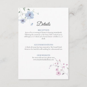 Rosa & Blaue Whimsical Florale Hochzeitsdetails En Begleitkarte