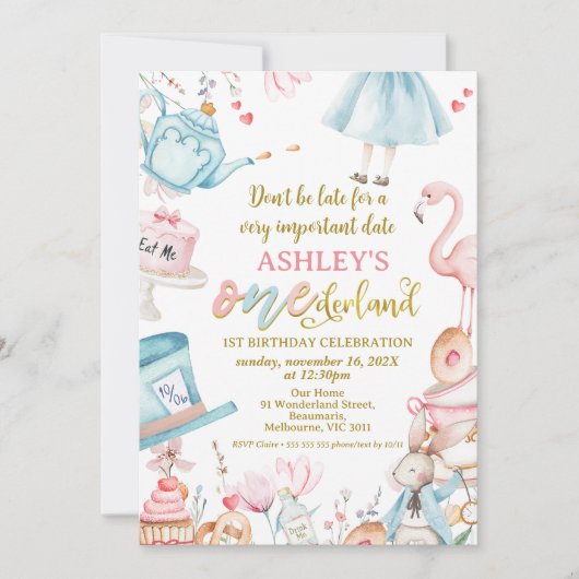 Rosa blaue Wildblume Alice Onederland 1. Geburtsta Einladung (Vorderseite)