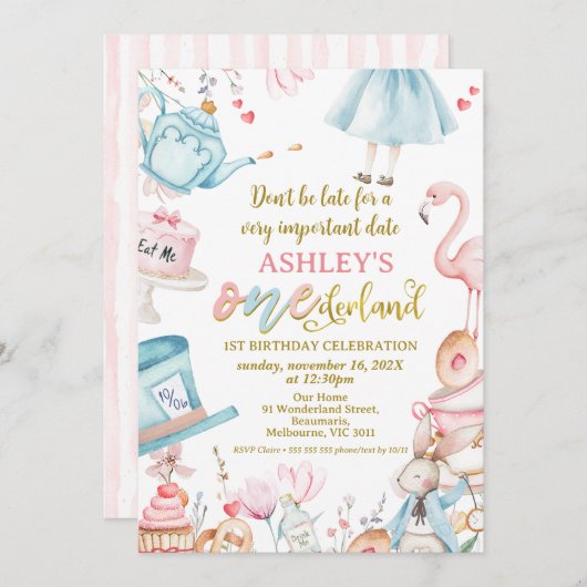 Rosa blaue Wildblume Alice Onederland 1. Geburtsta Einladung (Vorne/Hinten)