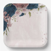 Rosa blauen Blumen botanische Hochzeit Pappteller (Vorderseite)