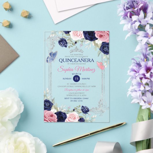 Rosa Blauer Blauer Schmetterling Silver Quinceañer Acryleinladungen (In Situ (Hochzeit))