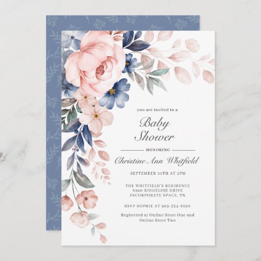 Rosa Blauer Blütenbaby-Dusche Einladung (Vorne/Hinten)