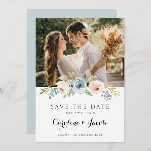 Rosa blauer Blütenschein Rustikale Blumenhochzeit  Save The Date (Vorne/Hinten)