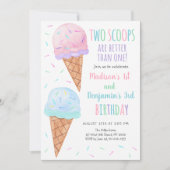 Rosa Blauer Eiskrem Zwei Schotten Gemeinsamer Gebu Einladung (Vorderseite)