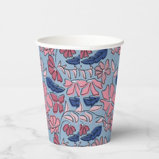 Rosa Blauer Handgezeichneter Blumenblock Druckschr Pappbecher (Rechts)