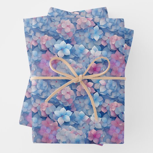 Rosa Blauer Hydrangeas Blütenblümchen im Blut Geschenkpapier Set (Beispiel)