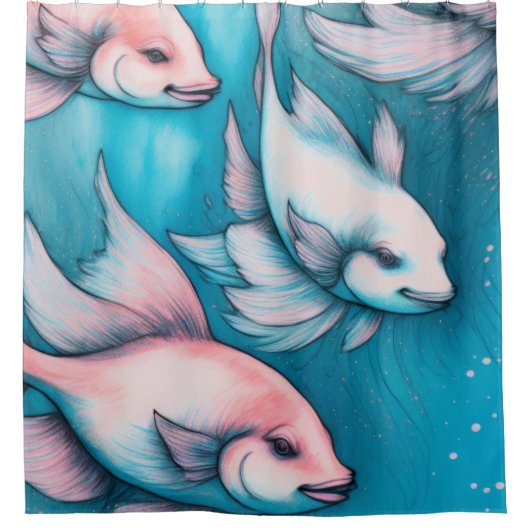 Rosa Blauer Khalk Zeichnend Fisch Duschvorhang (Vorderseite)