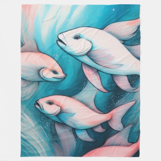 Rosa Blauer Khalk Zeichnend Fisch Fleecedecke (Vorderseite)