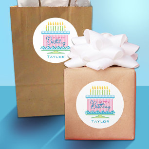 Rosa Blauer Name Geburtstagskuchen Runder Aufkleber