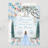 Rosa & Blauer Prinzessin Verzauberter Garten Quinc Einladung (Vorne/Hinten)