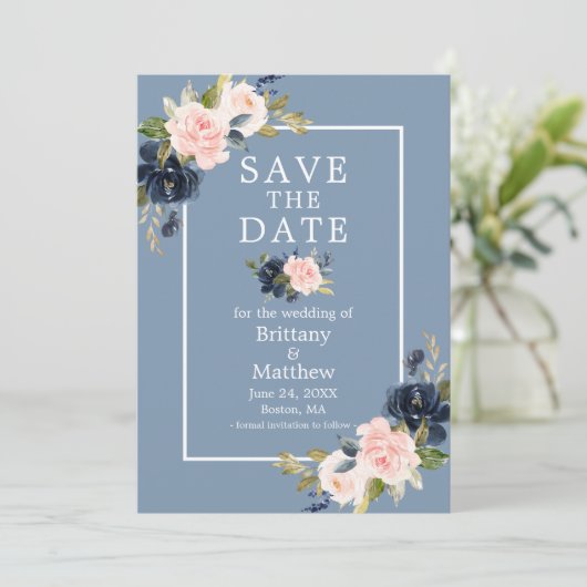Rosa blauer Rosa Foto Save the Date (Stehend Vorderseite)