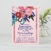 Rosa Blauer Roter Glitzer Floral Acrylic Quinceañe Einladung (Stehend Vorderseite)