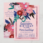 Rosa Blauer Roter Glitzer Floral Acrylic Quinceañe Einladung (Vorne/Hinten)