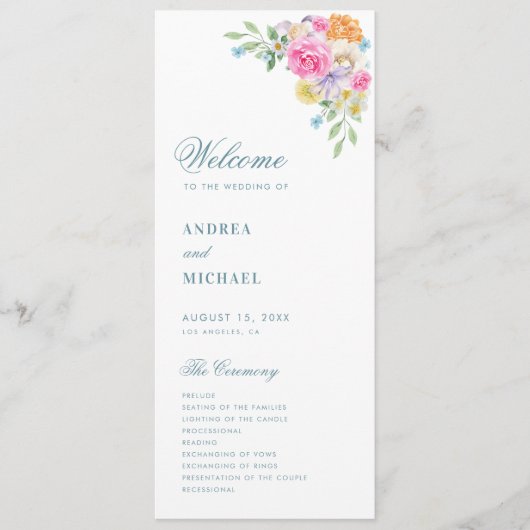 Rosa Blauer Sommer Blütenblütenblüte Hochzeit Programm (Vorderseite)