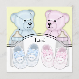 Rosa-blauer Teddybär-Zwillinge-Babyparty Einladung
