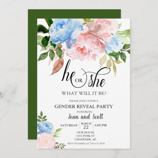 Rosa blaues Aquarellfarben Blütengeschlecht offenb Einladung (Vorne/Hinten)