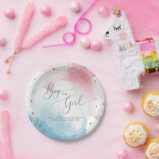 Rosa blaues Aquarellgeschlecht offenbartes Party Pappteller (Party)