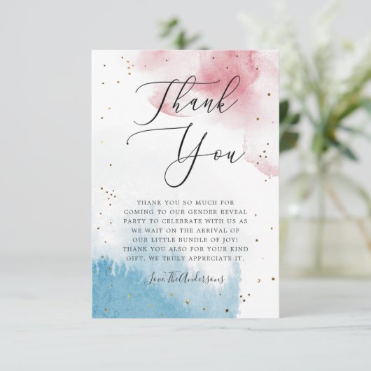 Rosa blaues Aquarellwaschgeschlecht offenbartes Pa Dankeskarte (Stehend Vorderseite)