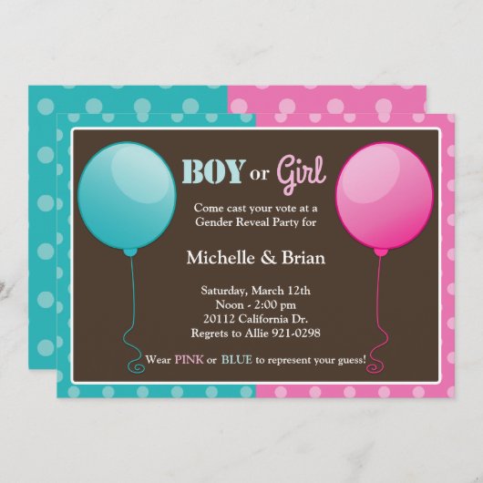 Rosa blaues Ballon-Geschlecht decken Party Einladung (Vorne/Hinten)