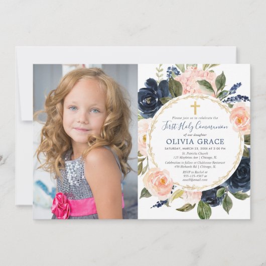 Rosa blaues blaues Foto der Heiligen Kommunion Einladung (Vorderseite)