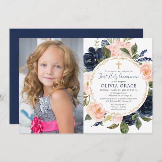 Rosa blaues blaues Foto der Heiligen Kommunion Einladung (Vorne/Hinten)