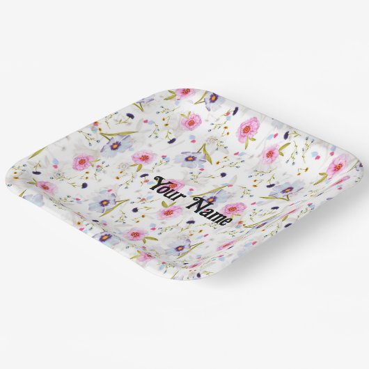 Rosa, blaues Blumenmuster Pappteller (Gewinkelt)