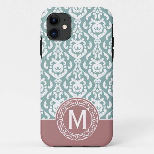 Rosa blaues Damast-Monogramm Case-Mate iPhone Hülle (Rückseite)