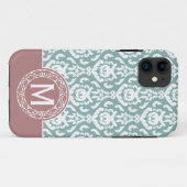 Rosa blaues Damast-Monogramm Case-Mate iPhone Hülle (Rückseite (Horizontal))