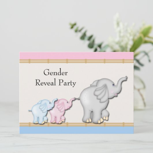 Rosa blaues Elefantengeschlecht offenbart Party Einladung (Stehend Vorderseite)