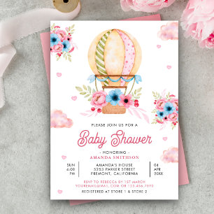 Rosa Blaues Florales Heißluftballon Mädchen Baby S Einladung