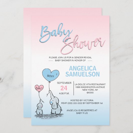 Rosa blaues Geschlecht decken Elefant-Babyparty Einladung (Vorne/Hinten)