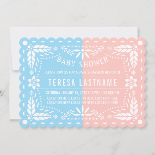 Rosa, blaues Geschlecht offenbaren Papel Picado Ba Einladung