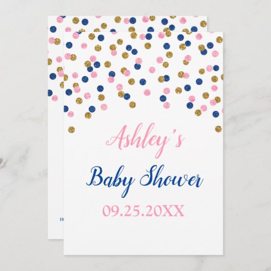 Rosa blaues Goldconfetti-Geschlechts-neutrale Einladung (Vorne/Hinten)