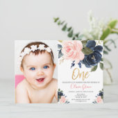 Rosa-blaues Goldmädchen 1. Geburtstag Foto Einladung (Stehend Vorderseite)
