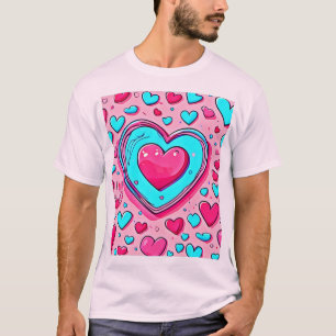 Rosa Blaues Herz Muster T-Shirt