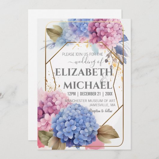 Rosa blaues Hydrangea Wasserfarbe Hochzeitsgoldrah Einladung (Vorne/Hinten)