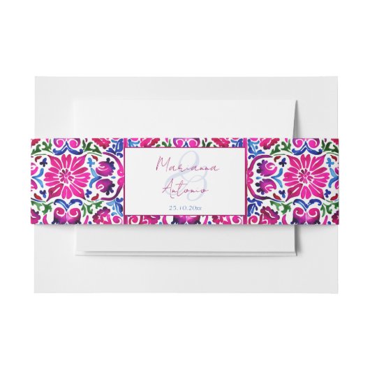 Rosa blaues mexikanisches Talavera-Fliesen Hochzei Einladungsbanderole (Vorderseite Beispiel)