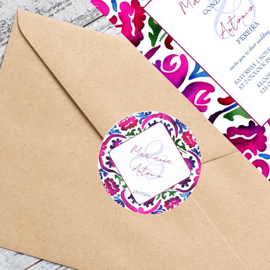 Rosa blaues mexikanisches Talavera-Fliesen Hochzei Runder Aufkleber