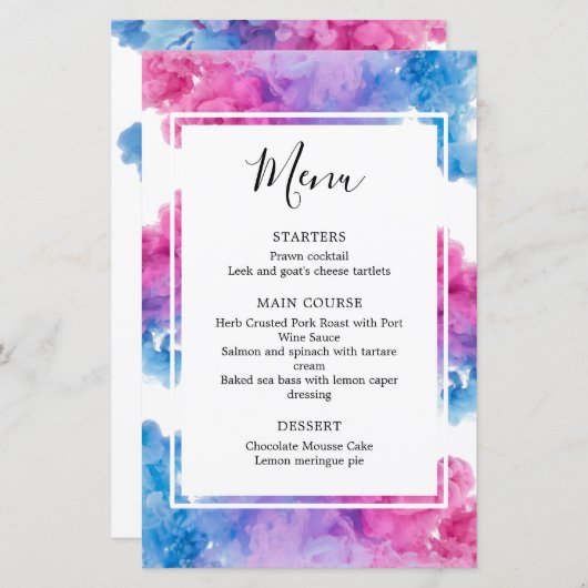 Rosa blaues Rauchen Gender Reveal Party Food Menu (Vorne/Hinten)