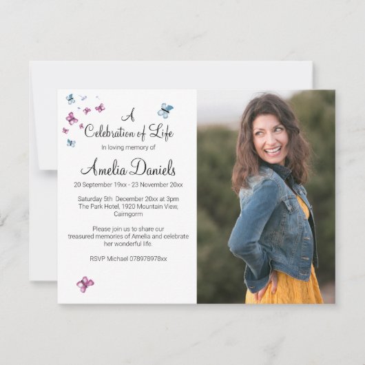 Rosa blaues Schmetterlingsstift-Foto in liebenswer Einladung (Vorderseite)