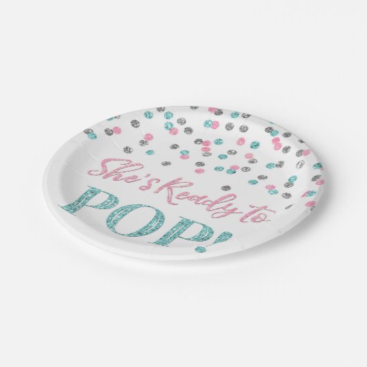 Rosa blaues Silber ist sie zur Pop-Baby-Dusche Pappteller (Schrägansicht)