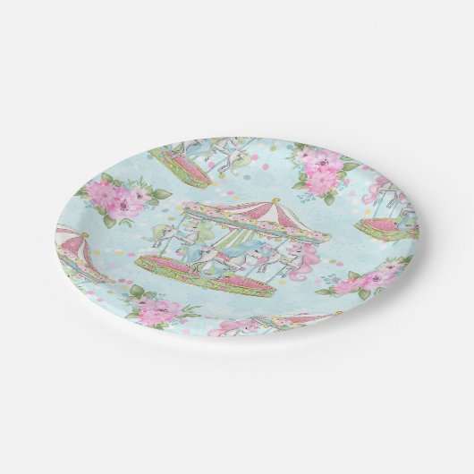 Rosa blaues Zirkus-Karussell-Pony Pappteller (Schrägansicht)